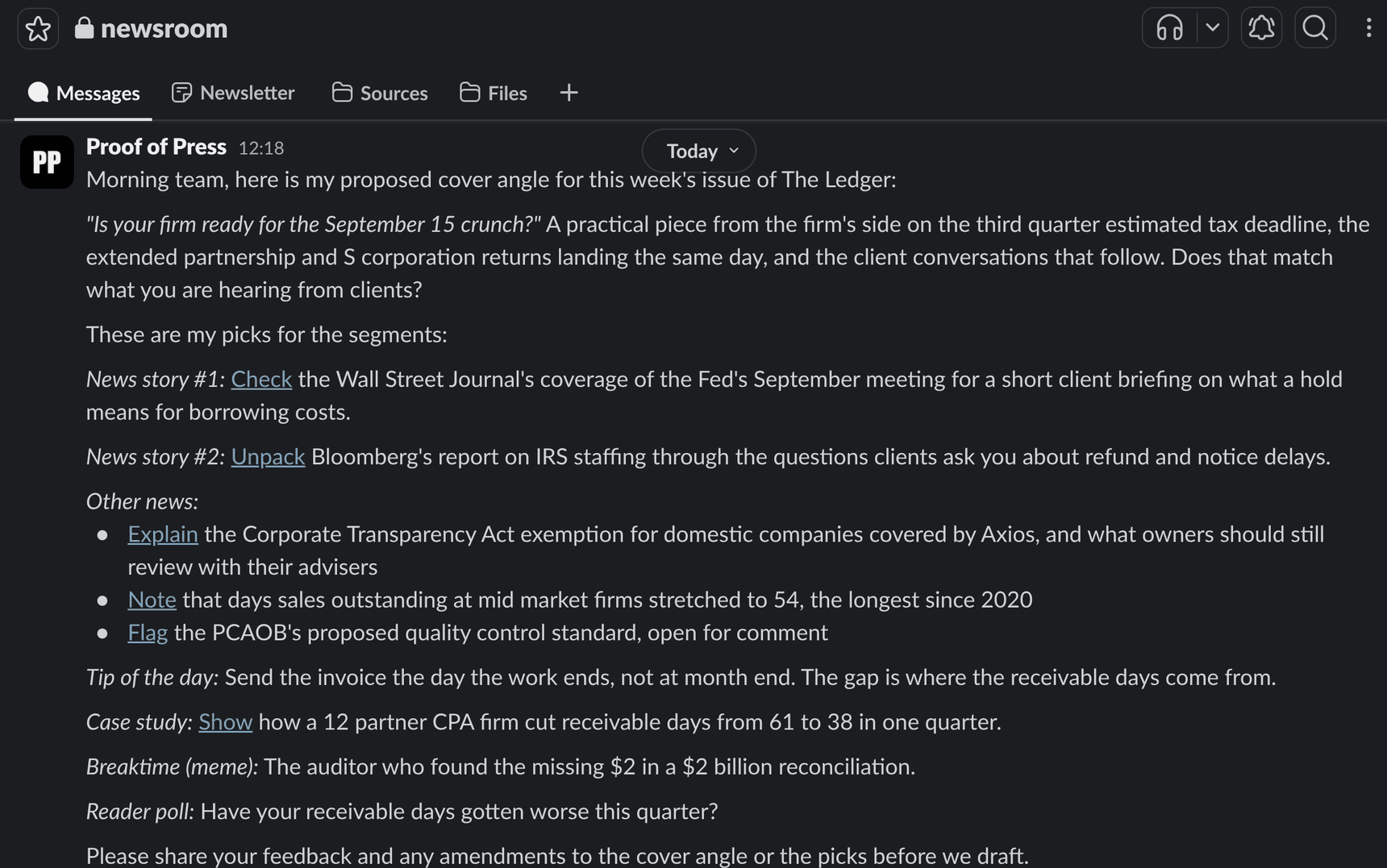 A Slack message in the newsroom channel proposing this week's cover angle and picks: news stories, other news, tip of the day, case study, and reader poll.